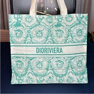 Christian Dior Dioriviera Linen Cotton Blend Tote Turquoise 2024 NEW Authentic